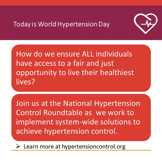 Today is #WorldHypertensionDay. How do we ensure all individuals have access to a fair & just opportunity to live their healthiest lives? Join us @HtnRoundtable as we work to implement system-wide solutions to achieve #hypertension control hypertensioncontrol.org. #ActForEquity
