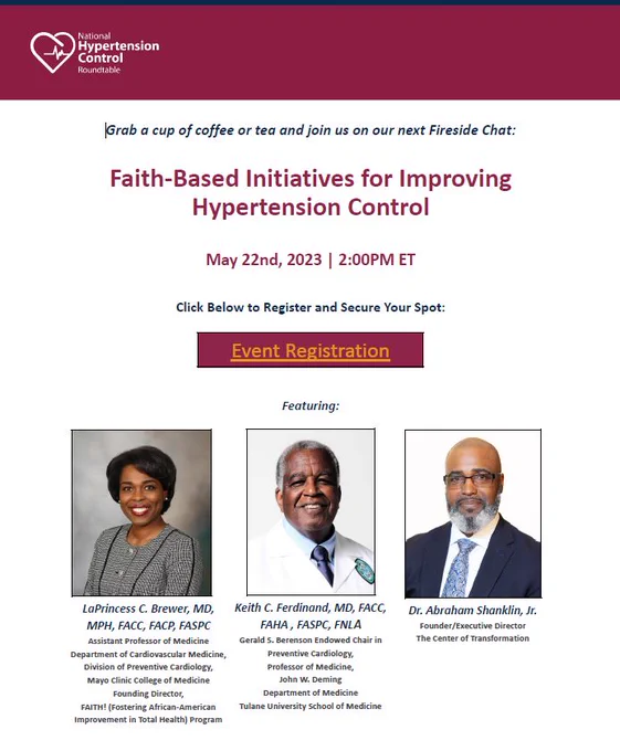 Today is #WorldHypertensionDay. Join @HtnRoundtable for our next fireside chat on May 22nd at 2:00 ET where we will hear from esteemed colleagues on faith-based initiatives for improving #equitable #hypertensioncontrol   https://lnkd.in/gm9FCFYH