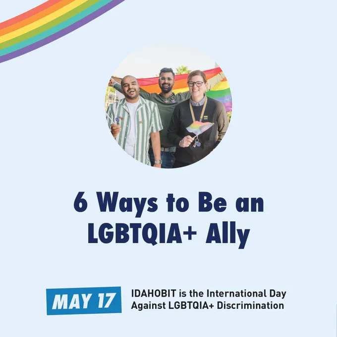 A small image of three adults with pride flags. Below them reads "6 Ways to Be an LGBTQIA  Ally". At the bottom reads "MAY 17 IDAHOBIT is the International Day Against LGBTQIA  Discrimination"