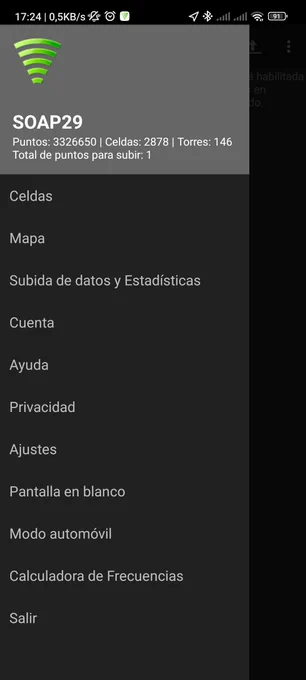 Menú de la aplicación donde aparece información sobre el usuario registrado y su historial de mapeo.