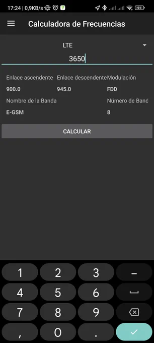 Calculadora de frecuencias incluída en la aplicación en la cual se obtienen los datos de las portadoras solo con conocer el código de canal absoluto de radio o ARFCN.