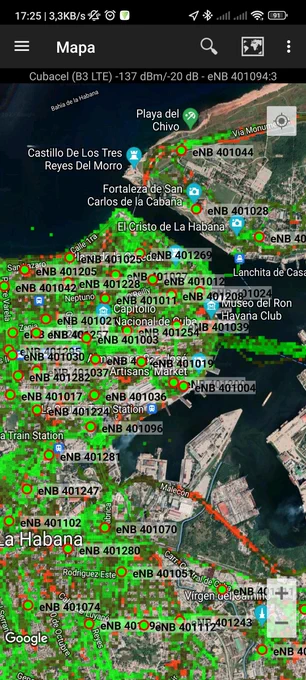 Mapa de cobertura de la aplicación mostrando la red LTE de Cubacel y sus eNodeB verificados previamente por los usuarios.