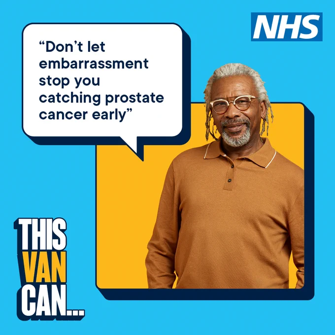A visual of a black man.  The quote reads: Don’t let embarrassment stop you catching prostate cancer early.  This Van Can.