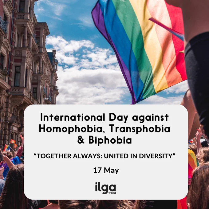 A rainbow flag waves in the sky during a Pride march. Text reads: "International Day against Homophobia, Transphobia & Biphobia - Together always: united in diversity - 17 May". The ILGA World logo sits at the centre of the image