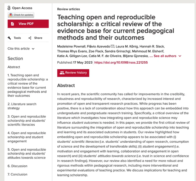 A screenshot of a new paper, published in Royal Society Open Science, titled Teaching open and reproducible scholarship: a critical review of the evidence base for current pedagogical methods and their outcomes.

