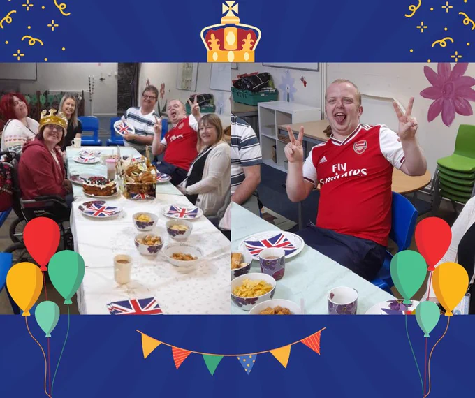 Two photos showing coronation celebrations at the Beckly centre, Plymstock. The first photo shows five people around a table, all smiling. One is wearing a crown, another is doing peace signs. The table is decorated with the British flag, and has party food. The second photo shows a close up of the man doing peace signs. He is wearing an Arsenal shirt and sticking his tongue out in a happy, cheeky pose.