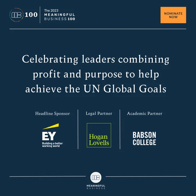 Meaningful Business banner promoting the 2023 MB100 award. It reads "celebrating leaders combining prfoit and purpose to help achieve  the UN Global Goals". MB100 is sponsored by EY, and partnered with Hogan Lovells an Babson College.