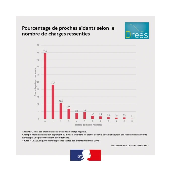 Graphique : pourcentage de proches aidants selon le nombre de charges ressenties

Lecture > 23,1 % des proches aidants déclarent 1 charge négative.
Champ > Proches aidants qui apportent au moins 1 aide dans les tâches de la vie quotidienne pour des raisons de santé ou de handicap à une personne vivant à son domicile.
Source > DREES, enquête Handicap-Santé auprès des aidants informels, 2008.

Les Dossiers de la DREES n° 110 © DREES