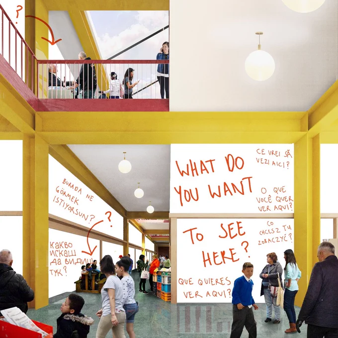 A visualisation of the Seven Sisters Indoor Market from the Wards Corner Community Plan, which shows people walking around and using the future refurbished space. Some areas of the image are blanked out, on which handwritten texts reads 'What do you want to see here?' in English, Romanian, Portuguese, Polish, Spanish, Bulgarian, and Turkish.