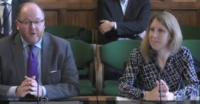 Photograph of George Freeman MP, Minister of State, Department for Science, Innovation and Technology, and Rebecca Evernden, Director, Space Directorate, Department for Science, Innovation and Technology, giving oral evidence to the Commons Science, Innovation and Technology Committee.