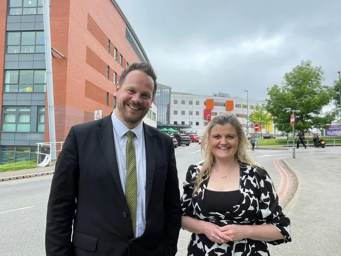 Simon Lightwood MP pictured with Dr Llinos Jones, in front of Pinderfields Hospital in Wakefield.