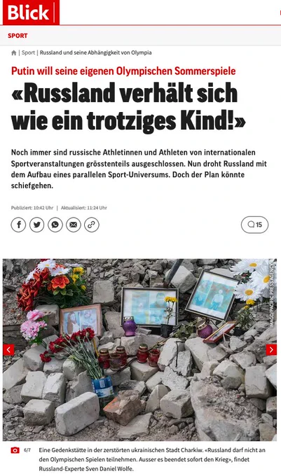 A pic of the article I was interviewed for, saying (in German): "Russia is behaving like a spoiled child." And, more importantly, that the way for Russia to participate in the Olympics again is to stop the war. 