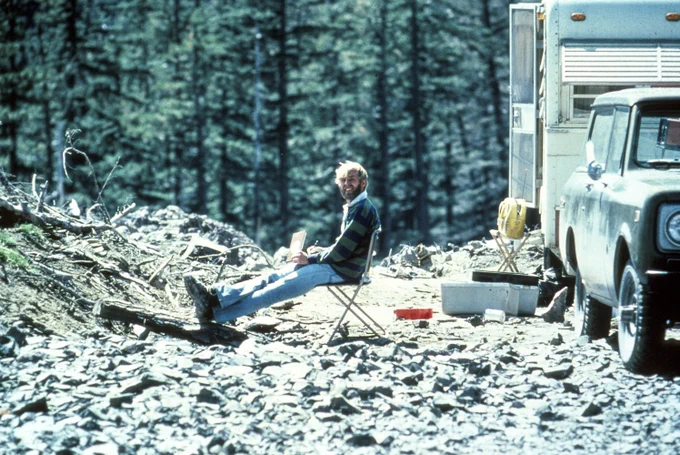 USGS photo of David Johnston at the Coldwater II observation post north of Mount St. Helens on May 17, 1980.
