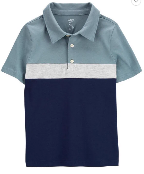 A color-block polo shirt that is light blue on the top with a gray-ish stripe in the center and dark blue on the bottom.
