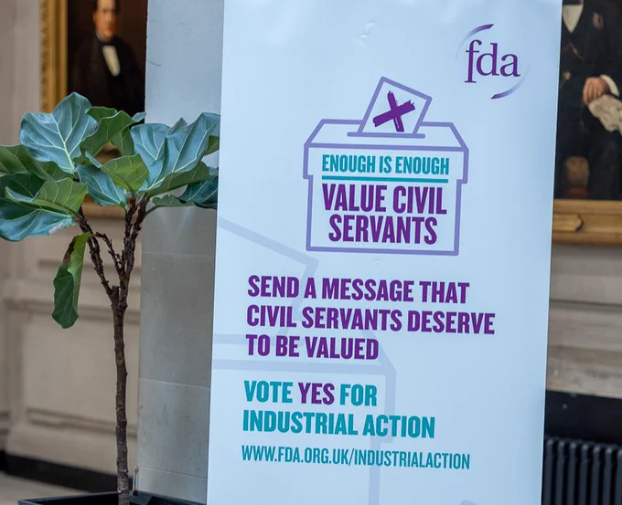 FDA banner that reads: Send a message that civil servants deserve to be valued. Vote yes for industrial action.