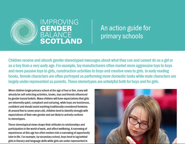 Snip of 'improving gender balance : an action guide for primary schools'. The full accessible text can be found on the link in the tweet.