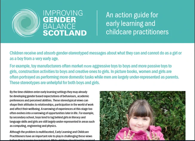 Snip of 'improving gender balance : an action guide for early learning and childcare practitioners'. The full accessible text ca be found on the link in the tweet.