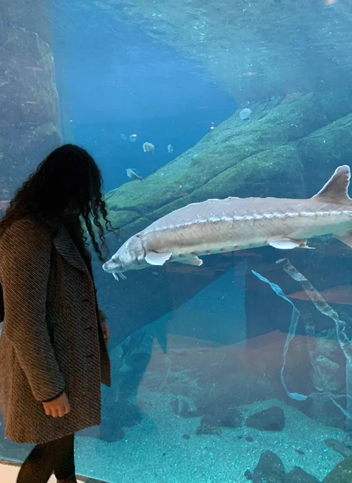 A photo of me in front of an aquarium with an Atlantic sturgeon at the Biodôme in Montreal, Canada.