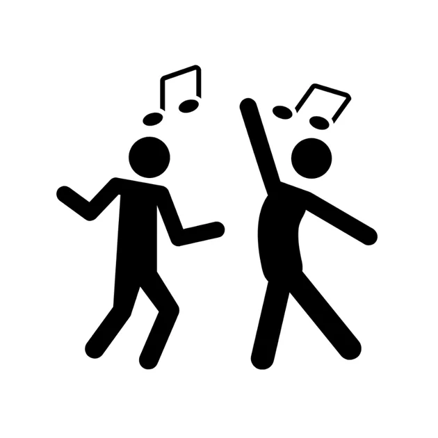 Image is in black and shows 2 figures dancing with 2 music notes above each of their heads.