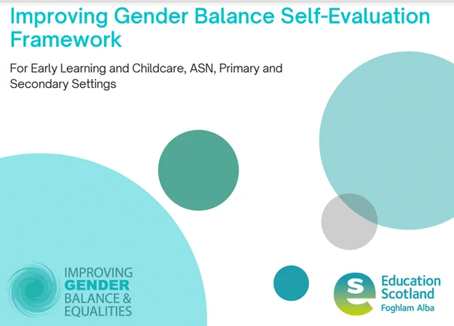 Image of the front cover of the framework showing the title at the top: Improving Gender Balance Self-evaluation Framework. For Early Learning and Childcare, ASN, Primary and Secondary Settings. IGBE logo on bottom left and Education Scotland logo on bottom right corner. White background with circles of various sizes in light blue, teal, green and grey.