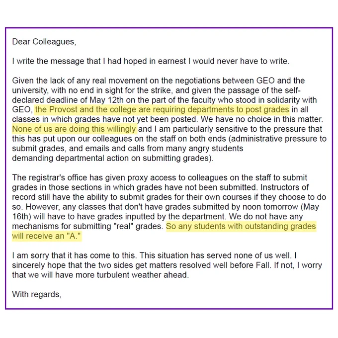 Email from a department chair saying that the Provost and College are 'requiring' them to submit grades. They add that "none of us are doing this willingly". 

"any students with outstanding grades will receive an 'A'." 