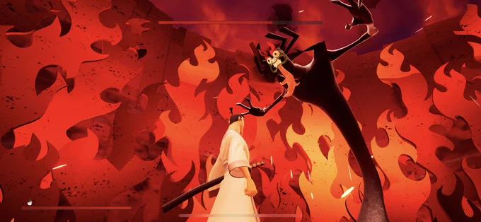 A still image of Samurai Jack facing off an enemy surrounded by flames from Samurai Jack: Battle Through Time.