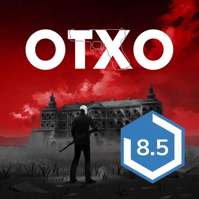 OTXO's cover art with a man standing outside a huge mansion holding a rifle. The score to the right of the cover art reads 8.5 (8.5/10)