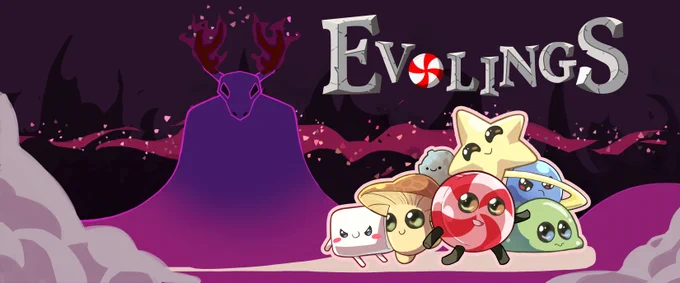 The Evolings logo with a concoction of different cute characters to the right including a sweet, mushroom, marshmallow, star, and more. All are smiling. A devilish-looking entity stands to the left with a buck's head in all purple.