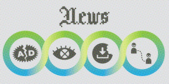 EFF's banner for the save news series; the word 'NEWS' appears in pixelated, gothic script in the style of a newspaper masthead. Beneath it in four entwined circles are logos for breaking up ad-tech, ending surveillance ads, opening app stores, and end-to-end delivery.