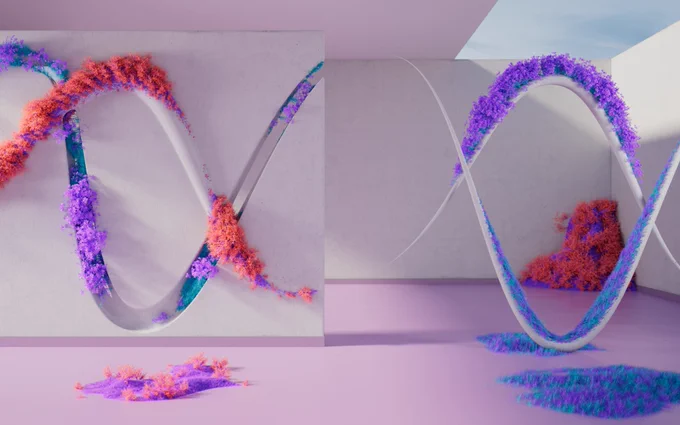 Microsoft Teams background featuring illustration of outdoor courtyard with colorful, decorative swirls.