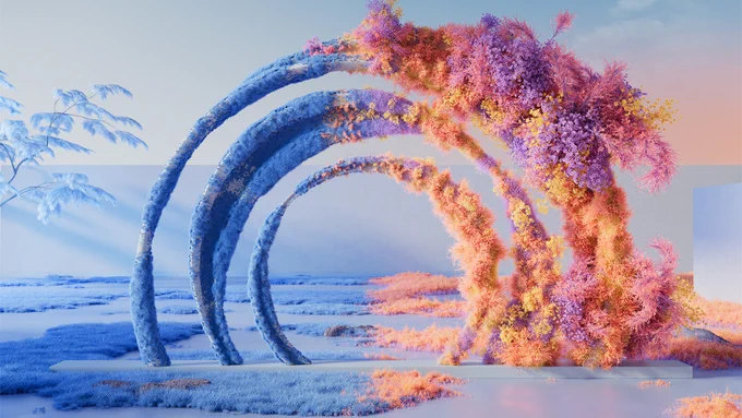 Microsoft Teams background featuring illustration of colorful spiral arches on a beach.