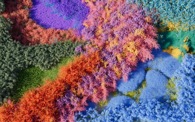 Microsoft Teams background featuring illustration of aerial shot of field covered in colorful patches of greenery. 