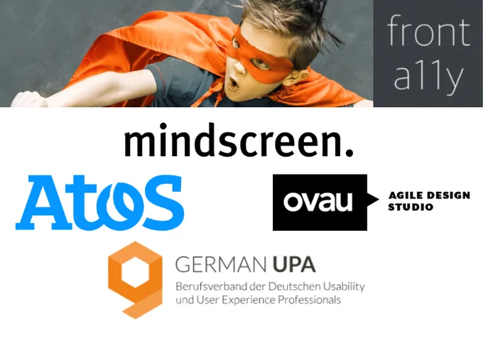 fronta11y Logo with the logo of our sponsors: mindscreen, Atos, Ovau, GermanUPA