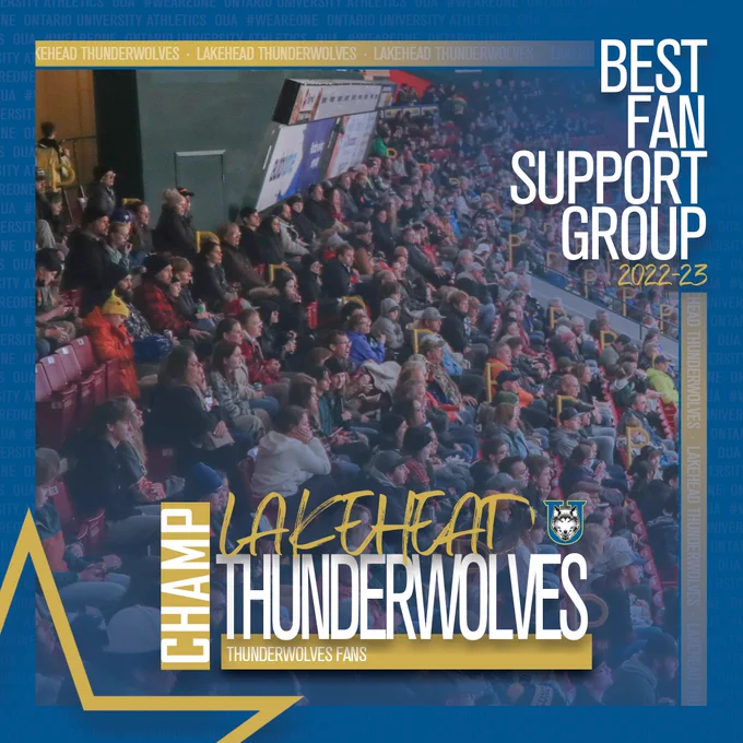 Graphic on blue background that features photo of large Lakehead Thunderwolves crowd in an arena, ‘Best Fan Support Group’ text stacked in the upper right corner, slim gold rectangles on the top and right of the main image, and the award winner highlighted in white and gold text centered on the bottom third