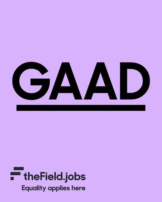 Purple box with big black text that reads “GAAD” with the field.jobs logo in the bottom right hand corner.