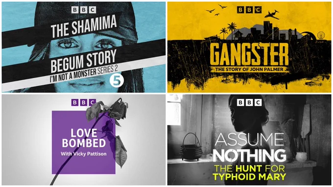 Images of artwork for I'm Not A Monster: The Shamima Begum Story, Gangster: The Story of John Palmer, Assume Nothing: The Hunt for Typhoid Mary and Love Bombed with Vicky Pattison