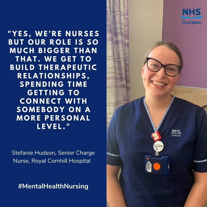 "Yes, we’re nurses but our role is so much bigger than that. We get to build therapeutic relationships, spending time getting to connect with somebody on a more personal level." Stefanie Hudson, Senior Charge Nurse, Royal Cornhill Hospital. #MentalHealthNursing 