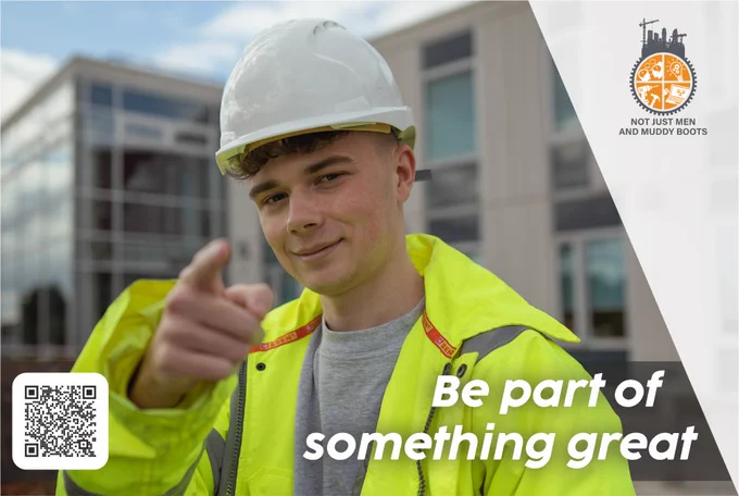 Photograph of a construction worker wearing a hard hat with some text that says: ‘be part of something great’. 