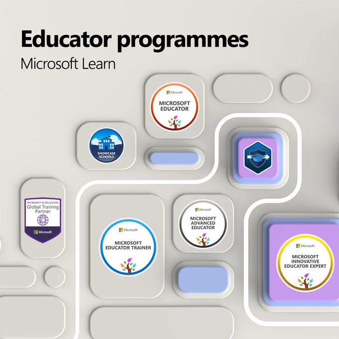 A light grey background showing lines and rectangular raised outlines in the style of a motherboard, with educator programme imagery alongside the copy: "Educator programmes, Microsoft Learn"
