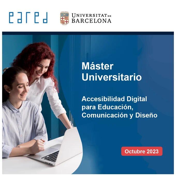 dos mujeres trabajando en un computador. Titulo del master y leyenda "octubre 2023" de comienzo de máster. 