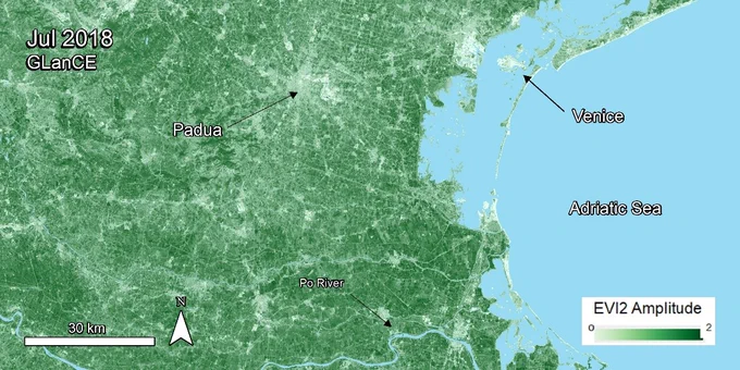 Global Land Cover Mapping and Estimation (GLanCE) Yearly 30 m Version 1 Data showing Enhanced Vegetation Index near Venice, Italy in July, 2018.