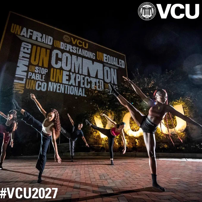 Photo of students dancing in front of backlight VCU sign with a collage of "un" words behind it (uncommon, unlimited, unafraid, unexpected, etc.).