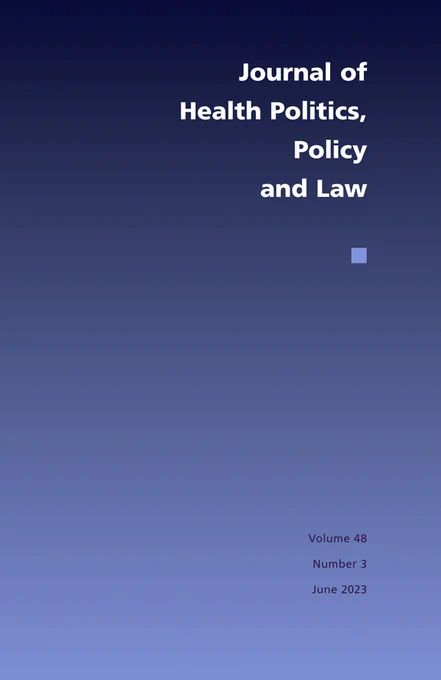 Cover of "Journal of Health Politics, Policy and Law" features an ombre blue background that starts light in the bottom and darkens towards the top. Features white text.