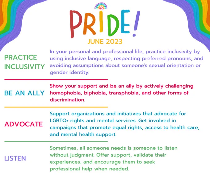 Embrace who you are, celebrate love, and prioritize your mental health! During this #PrideMonth, let's not forget the importance of mental health in the LGBTQ  community. Practice inclusivity, be an ally, advocate, and listen.