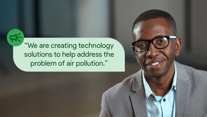 A photo of Engineer Bainomugisha, smiling and wearing thick black-framed glasses, a blue shirt and a gray suit jacket. Next to him, a quote is framed in a green bubble that reads "We are creating technology solutions to help address the problem of air pollution."