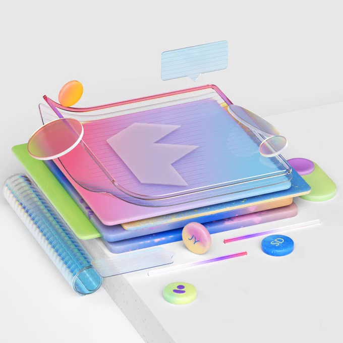 A 3D image of a colorful stack of imaginary layers with the letter "F" inscribed at the top. 