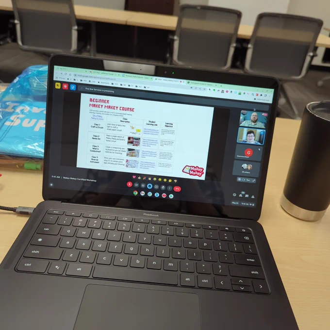 Chromebook screen with a view of a virtual meeting for a Makey Makey workshop