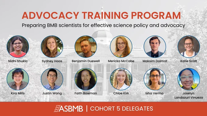 The 2023 cohort of ASBMB Advocacy Training Program delegates. Text reads Advocacy Training Program in orange and "Prepaaring BMB scientists for effective science policy and advocacy" in black. There are headshots of the 12 delegates. The background is a black and white photo of the MD State House. 