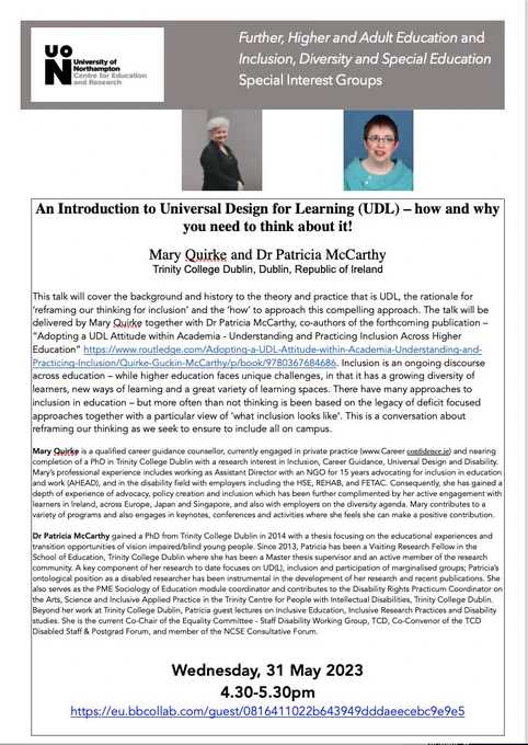Poster with abstract and bio of presenters for this seminar on Universal Design for Learning