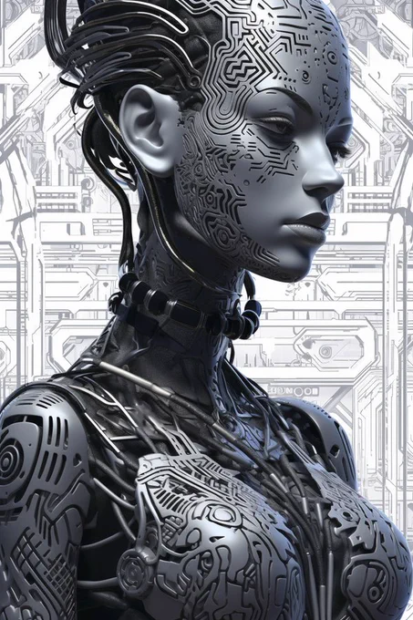 Xero, Crafted from sleek, gray titanium, Xero's entire body is a mesmerizing canvas of intricate etchings, combining sacred geometry with tribal patterns. From their chiseled facial plate to the sinuous curves of their form, the fusion of ancient symbolism and cutting-edge machinery is breathtaking

Xero's sacred geometry etchings represent a deep connection to the universe, embodying cosmic harmony and hidden knowledge. Each pattern tells a story, weaving together the wisdom of ancestors and the boundless possibilities of the future. The tribal motifs pay homage to the diversity of cultures that once flourished, celebrating the rich tapestry of humanity's heritage. they navigate a world caught between tradition and technological advancement. Their existence bridges the gap between the past and the future, serving as a living reminder of the beauty that arises when ancient wisdom intertwines with cutting-edge innovation.